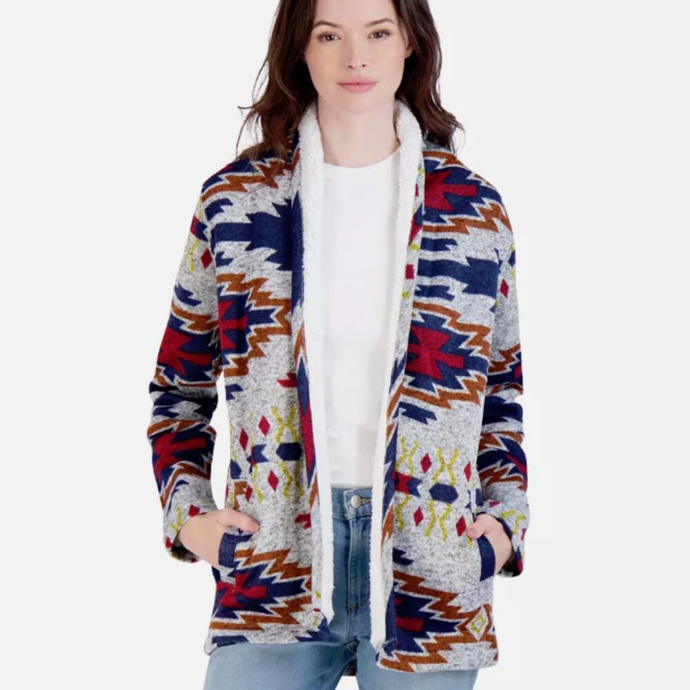Canada Weather Gear Sherpa Lined Aztec Print Open Front Cardigan NWT Sz L